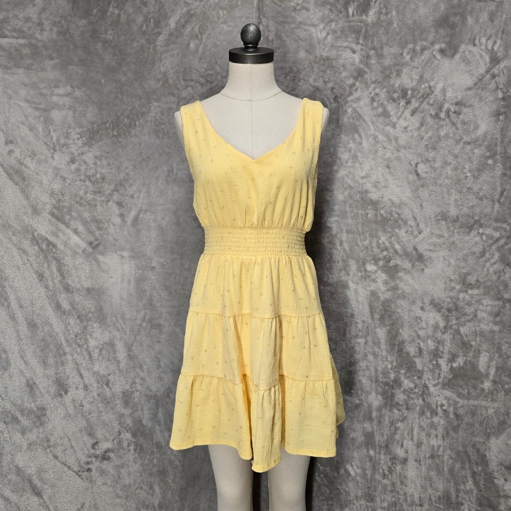 City Studio Dress Women M Yellow Tiered Smocked Tie Back Cottage Sun Pastel Boho